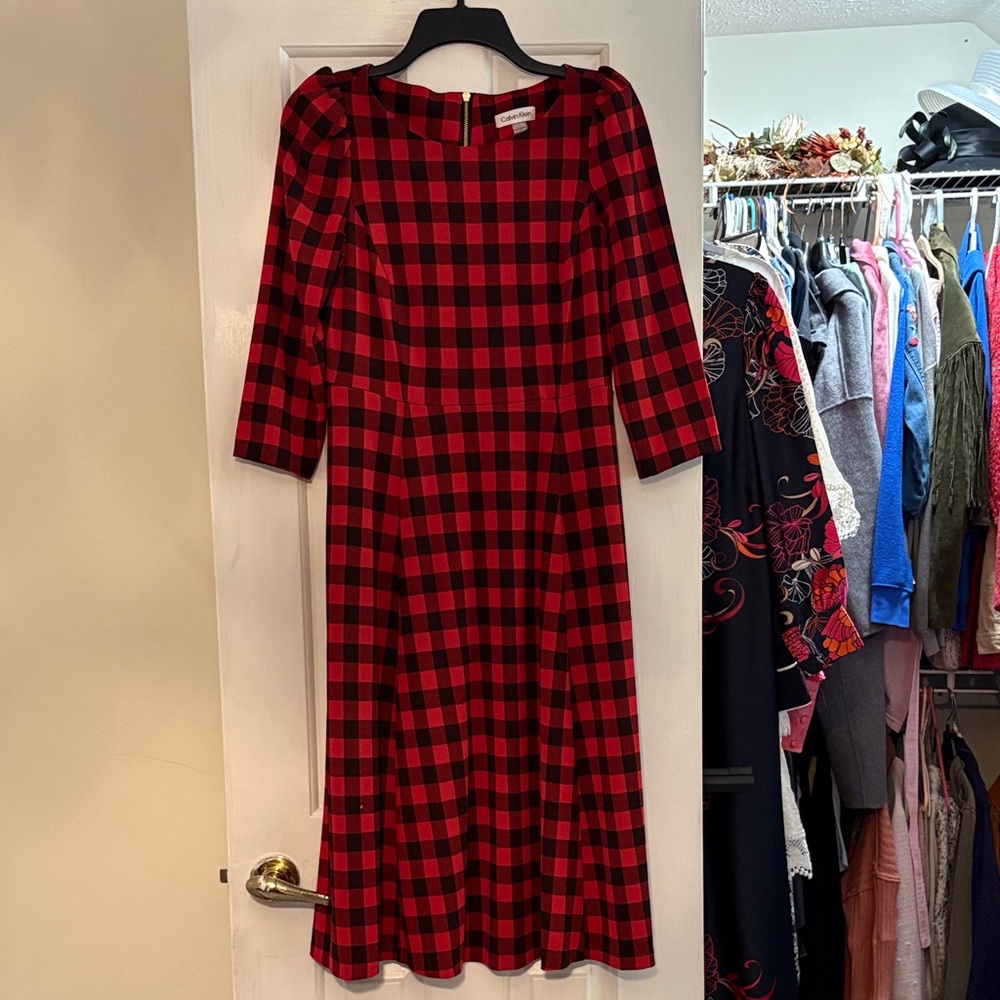Calvin Klein Red and Black Plaid Dress 8p